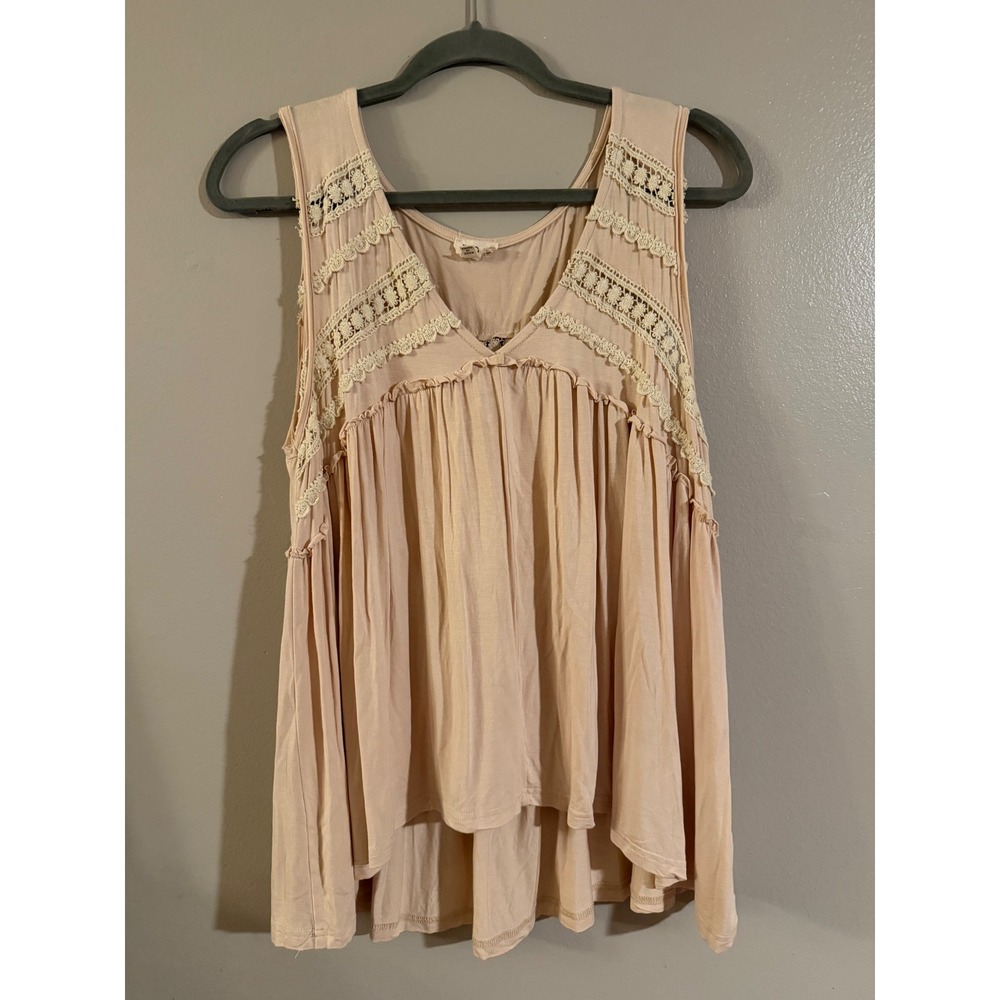 POL Clothing Blush Pink Crochet Lace Babydoll Sleeveless Top V-Neck Small